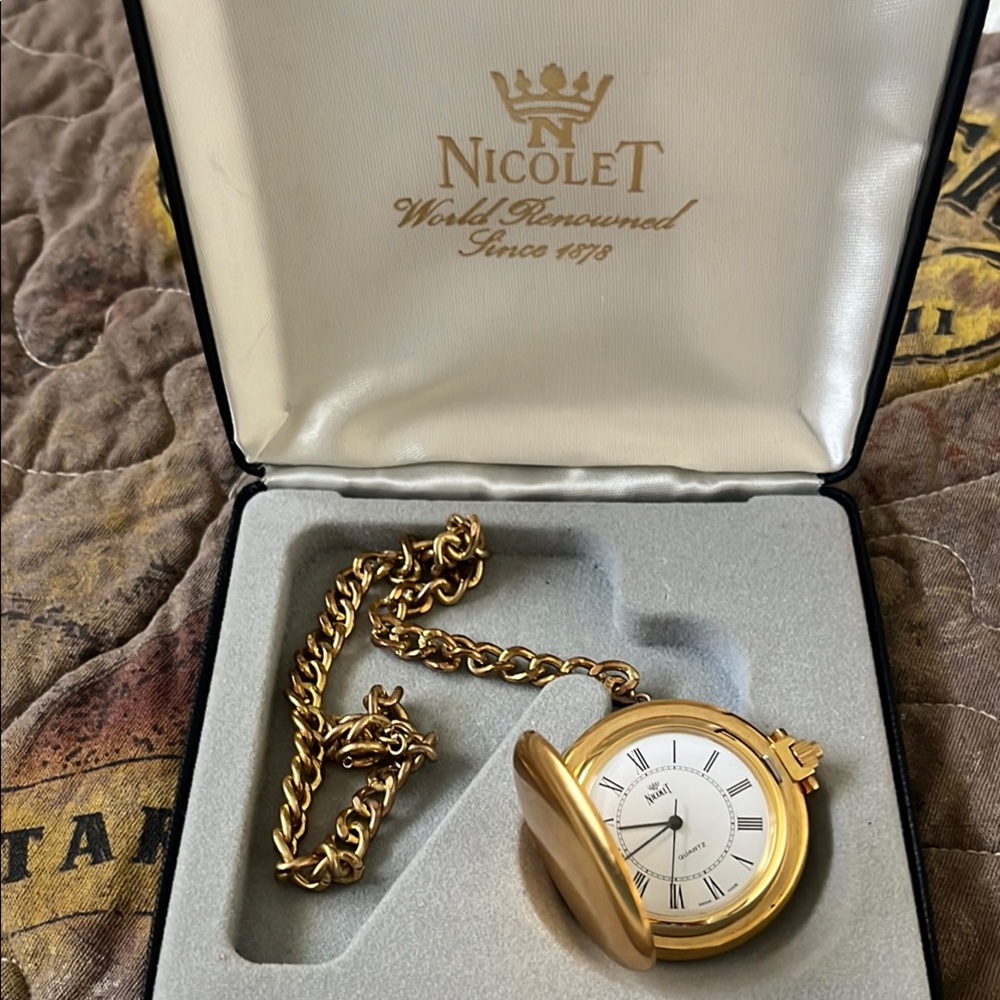 Nicolet Gold Pocket Watch with Chain